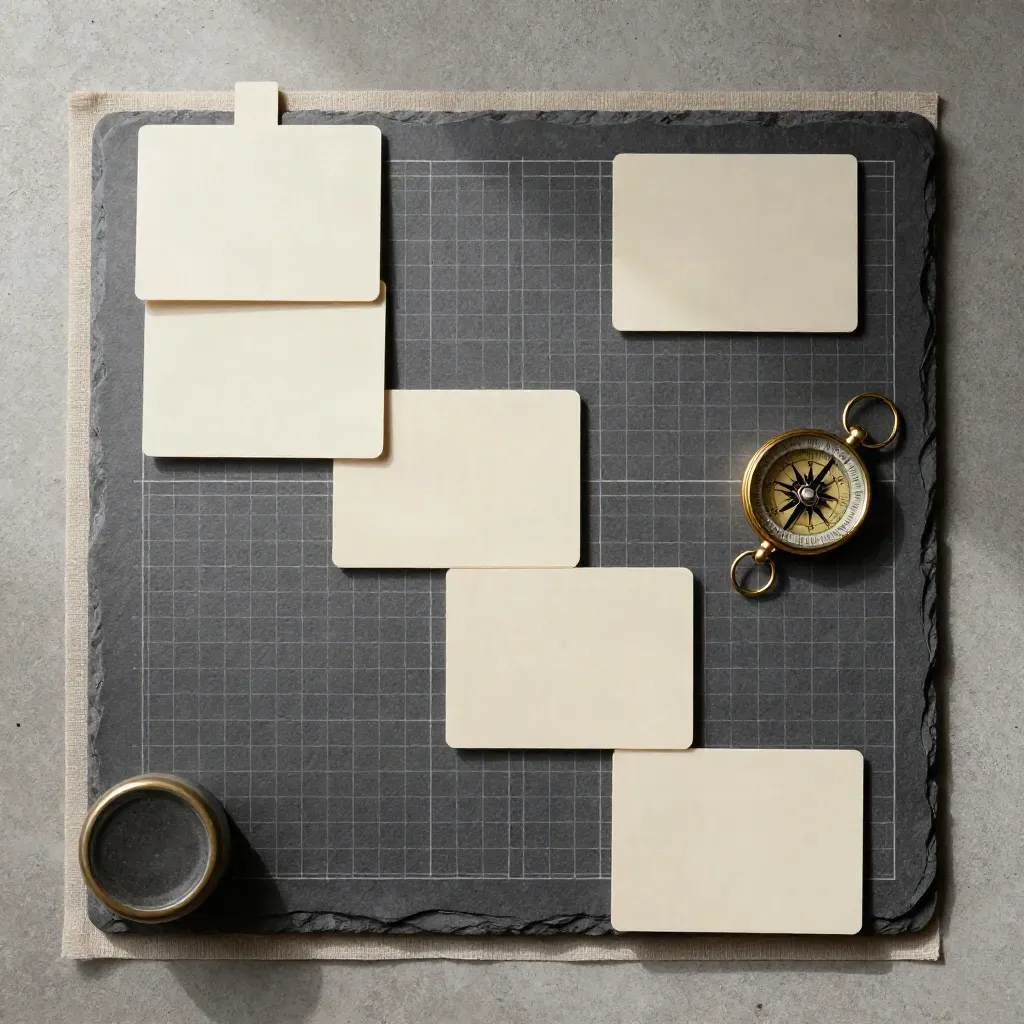 Overhead site-planning flatlay with cards, compass, page tiles, and grid mat on pale concrete.