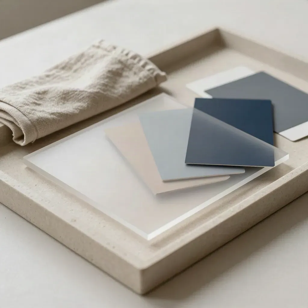 Frosted acrylic layout sheets and navy swatches arranged on a stone tray.