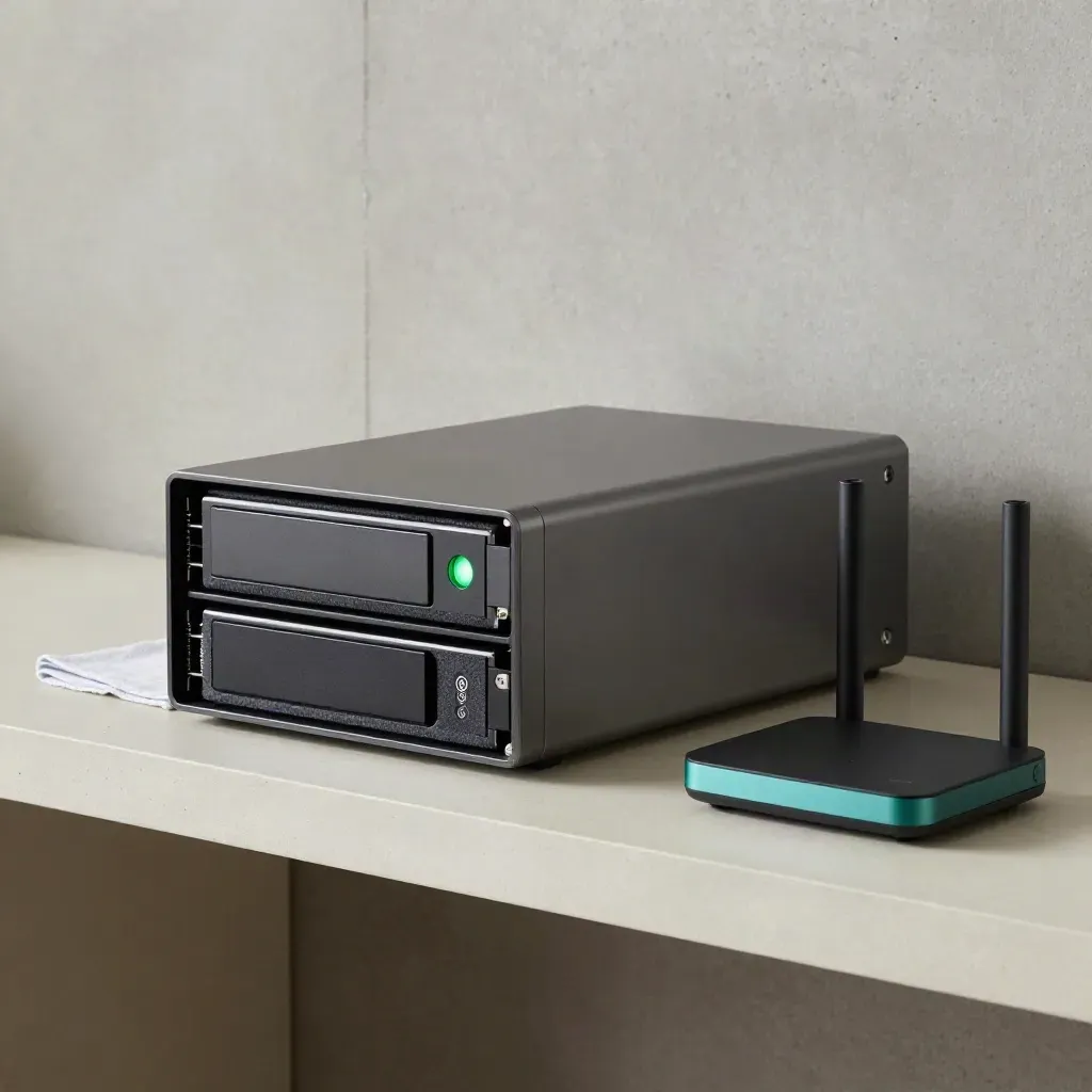 Drive case, backup stack, green status lamp and router on a pale shelf in soft side light.
