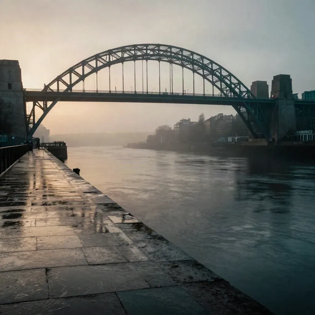 Tyne Bridge over misty River Tyne at blue hour with calm water and open copy space
