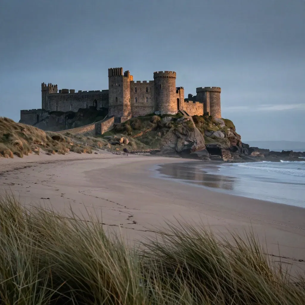 Bamburgh Castle above misty dunes and an empty Northumberland beach at dawn
