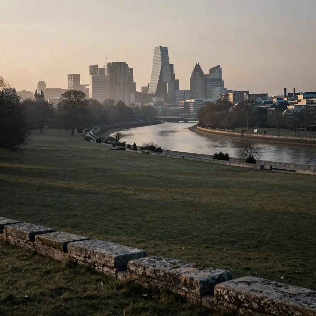 Hazy UK city skyline above river and parkland, with calm copy space below.