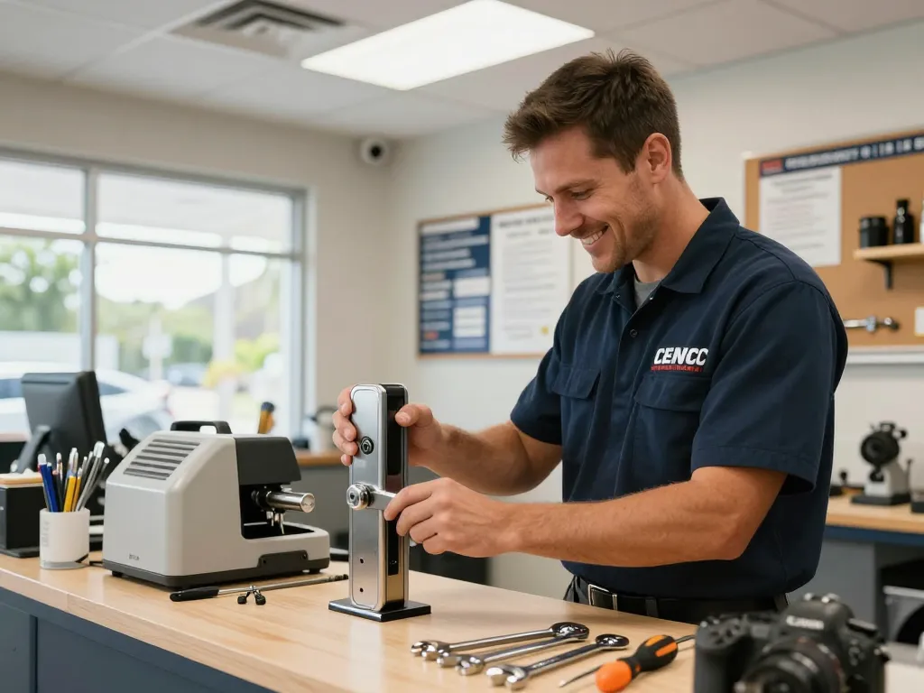 Expert locksmith providing Hobe Sound locksmith services in a well-lit, organized shop with precision tools.