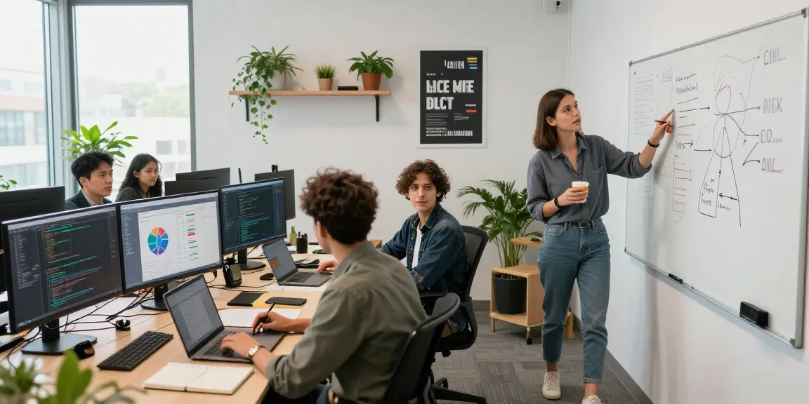 Tim pengembang perangkat lunak di https://predictplay.io/ bekerja sama di ruang kantor modern dengan suasana inovatif.