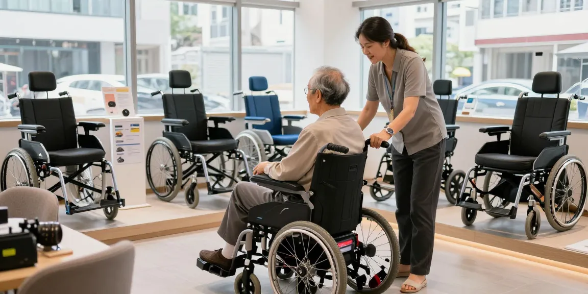 Electric wheelchair testing in Hong Kong showroom, showcasing user-friendly designs and accessibility features.