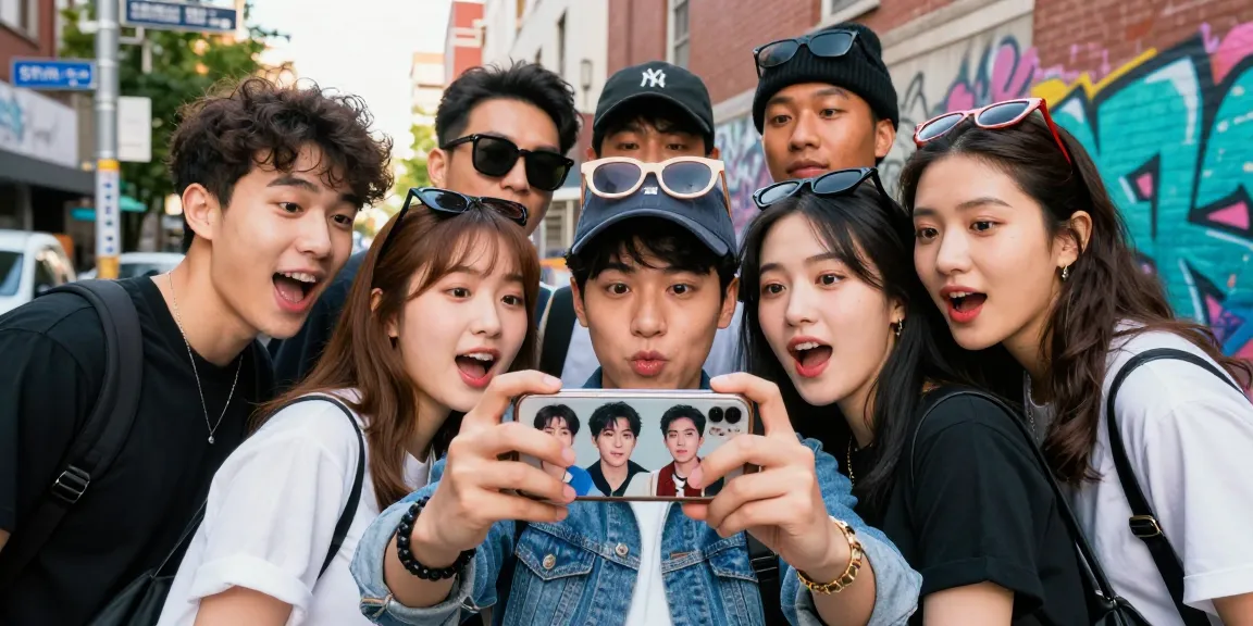 Group discovering celebs I look like through smartphone selfies in urban setting.