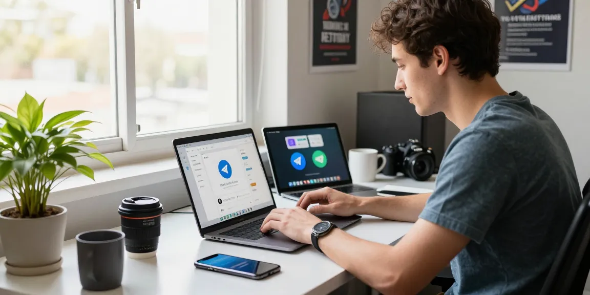 Focusing on user interaction with 纸飞机中文版 app in a modern tech workspace, showcasing a youthful professional engaged with devices.