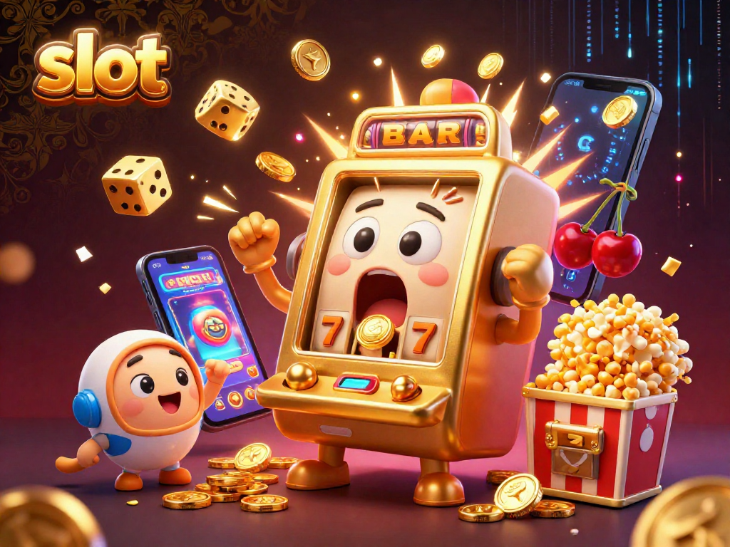 Experience thrilling slot action with a cartoon golden slot machine celebrating a jackpot, surrounded by vibrant game elements.