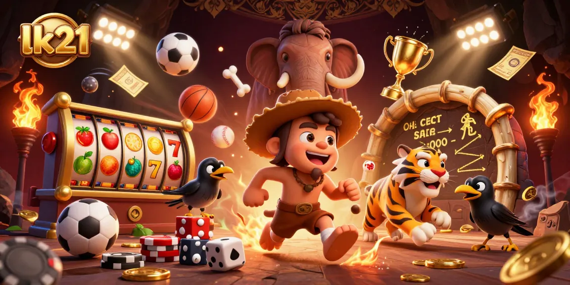 Experience the excitement of lk21 with this vibrant casino illustration featuring playful characters and dynamic game elements.