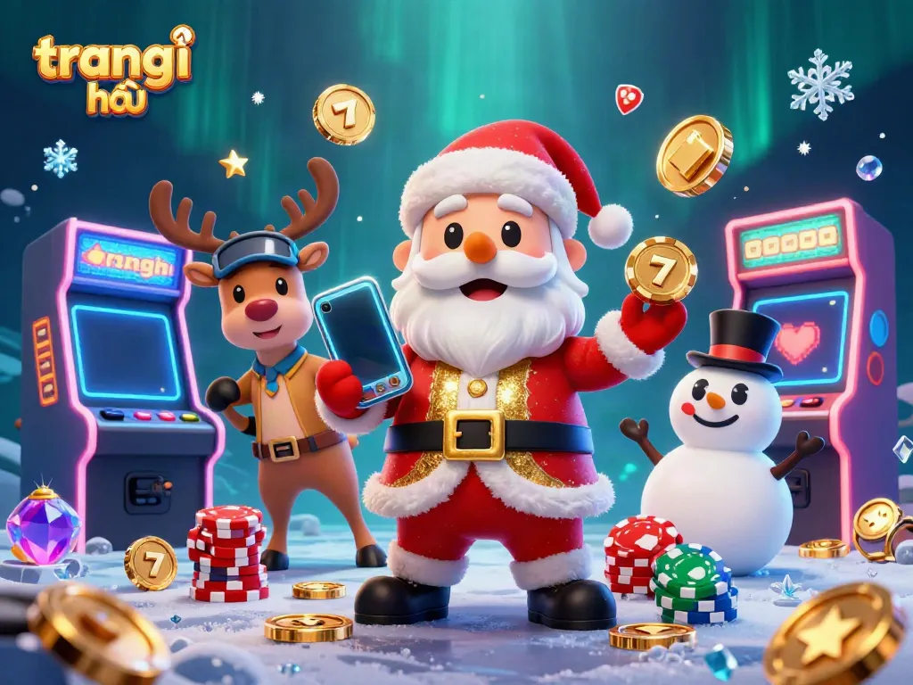 Experience the thrill of gambling on trang chủ with Santa, his reindeer, and a snowman in a vibrant casino setting.