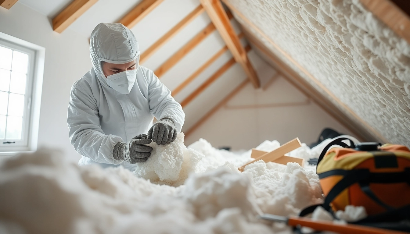 Loft insulation removal specialist efficiently extracting insulation from an attic.