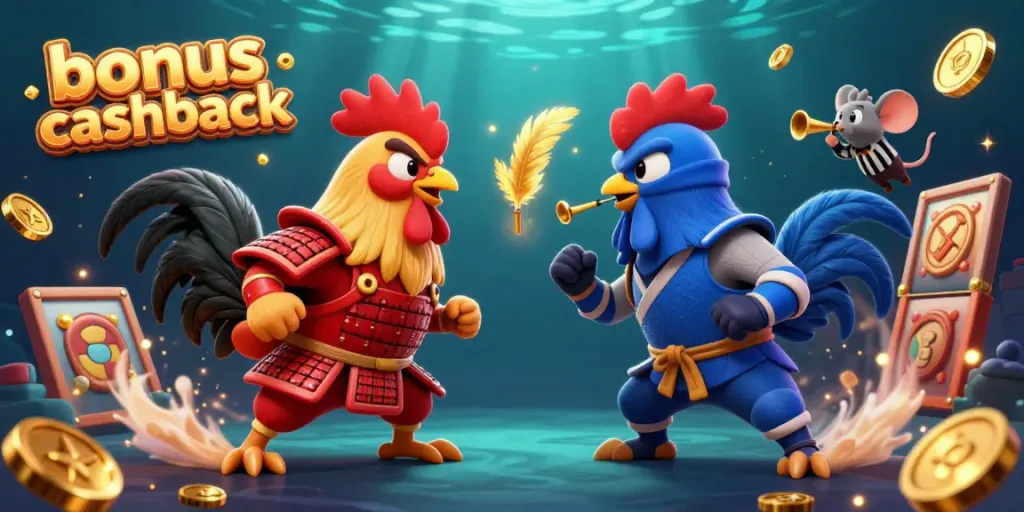 Experience the exciting action of gambling with twin roosters facing off in a dynamic casino battle, showcasing bonus cashback potential.