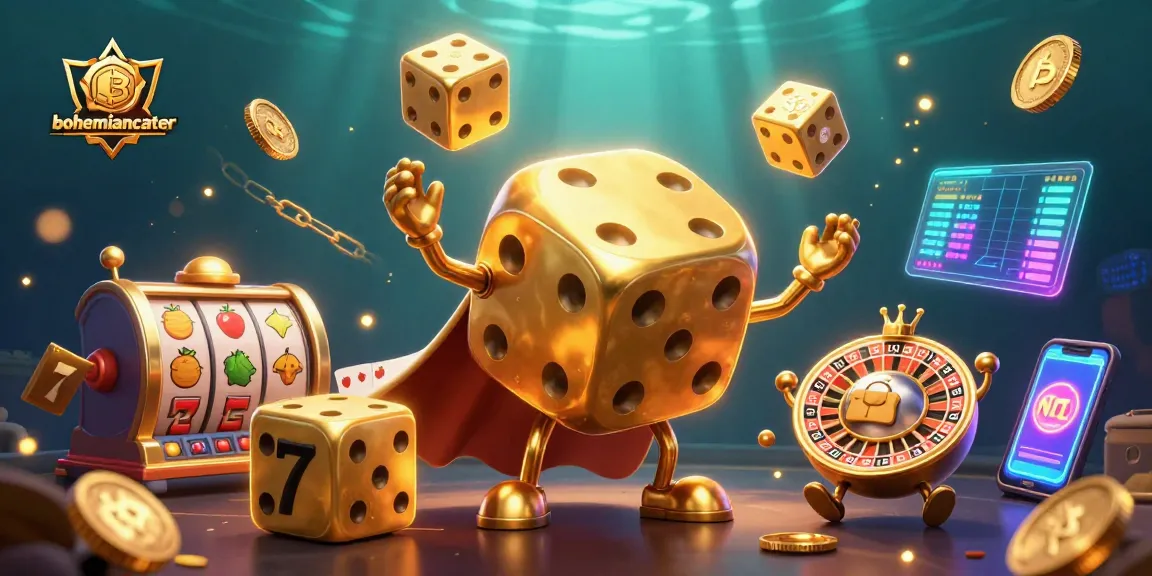 Engage with bohemiancater's vibrant casino scene featuring a golden dice golem and crypto elements.