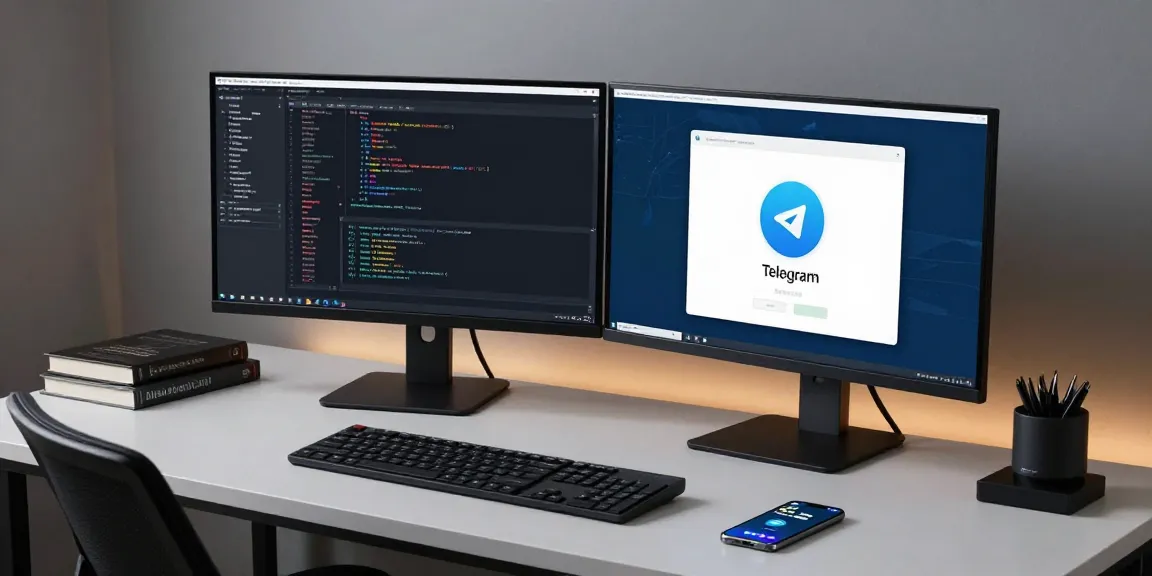 Explore telegramin-cn.com features in a dynamic digital workspace with a developer coding Telegram's interface.