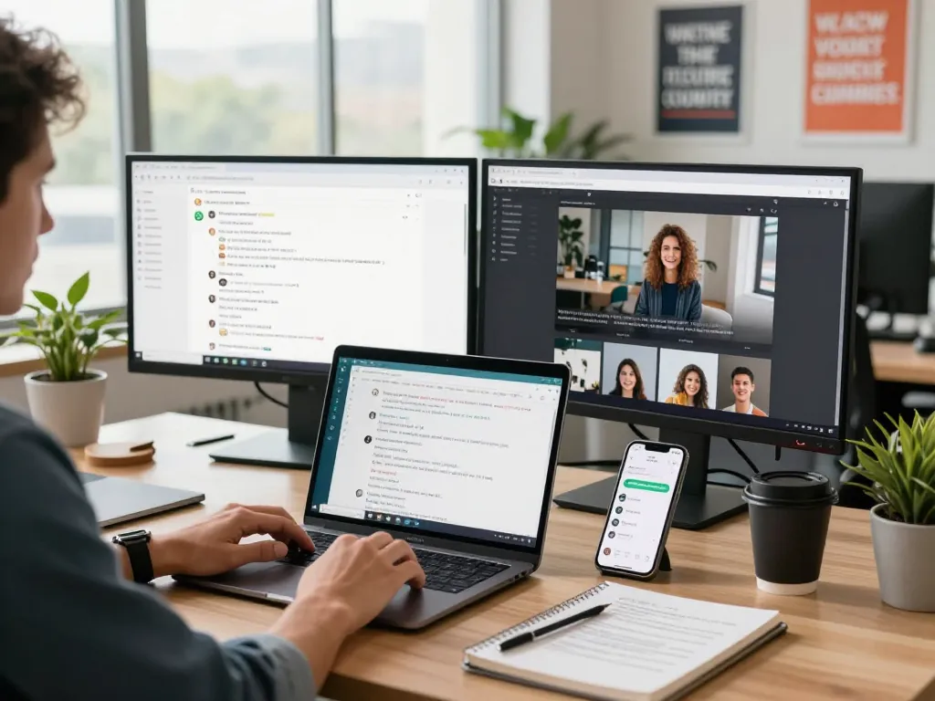 展示现代科技工具和充满活力氛围的WhatsApp网页版使用场景