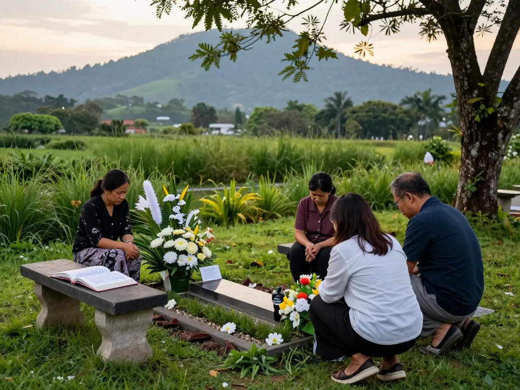 Emotionally charged scene showcasing jasa pemakaman jogja at Gunung Sempu Hills, family remembering their loved ones in a tranquil environment.