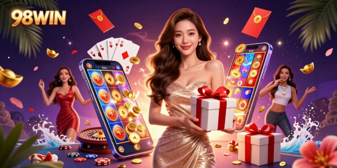 Celebrate wins at 98WIN, with a dynamic Lunar New Year casino scene featuring a lucky Asian woman.