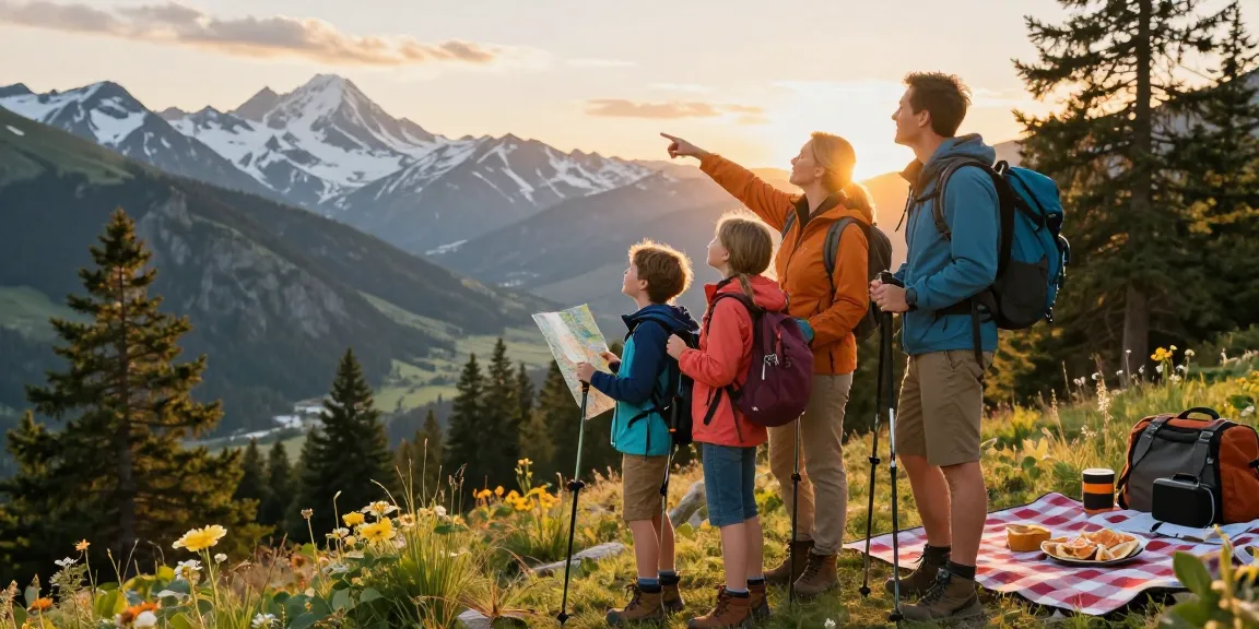 Family adventure scene showcasing a hiking experience with mantra88 in stunning mountain landscape.