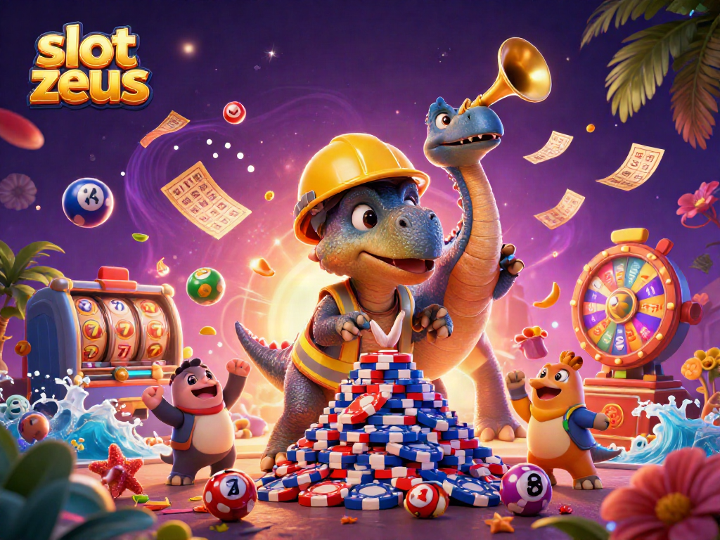 slot zeus casino scene celebrates with colorful lottery balls, slot reels, and joyous dinosaurs