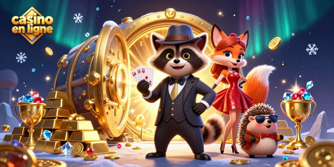 Illustration dynamique d'un casino en ligne avec une création de raton laveur élégant et ses amis.