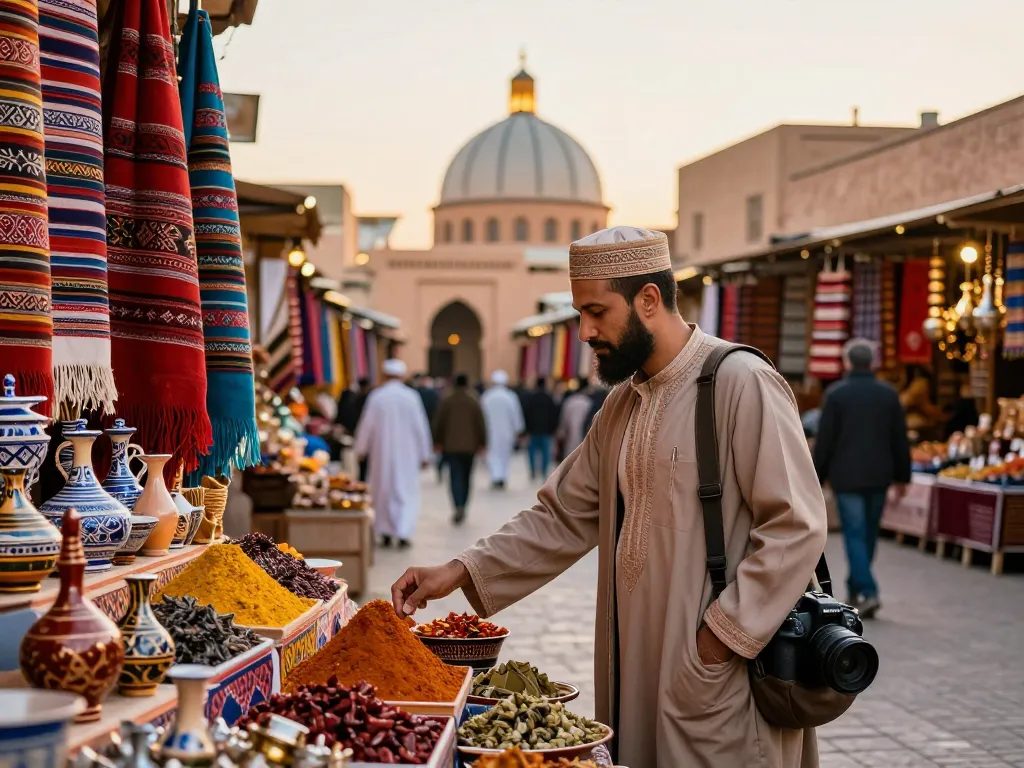 Immersive scene showcasing a traveler in a Medina, experiencing local culture with a Morocco travel agency.