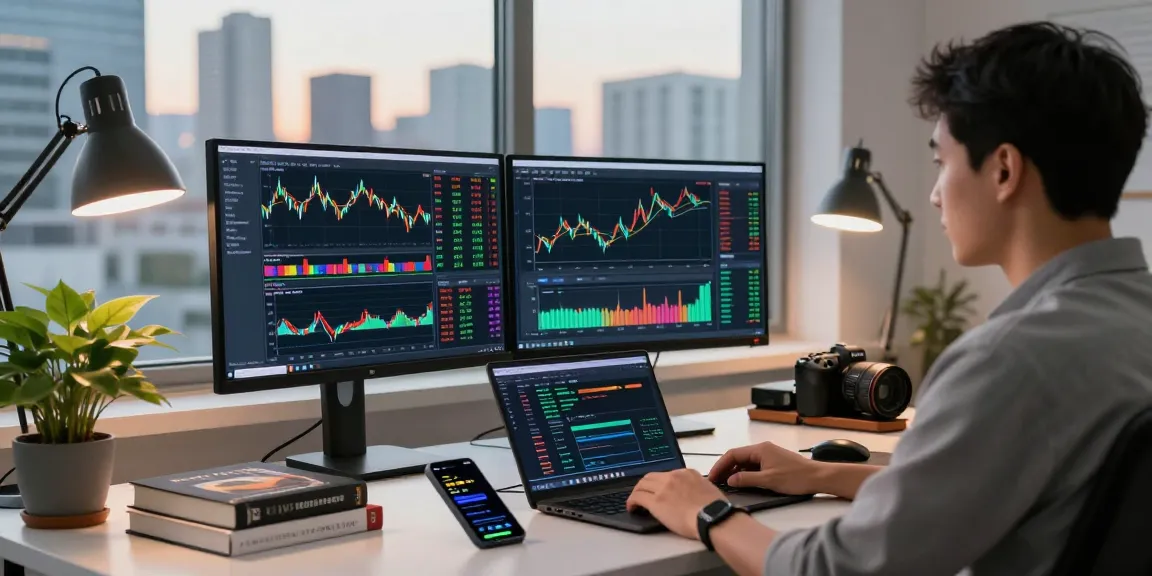 Trader analyzing live data on MetaTrader 5 with vibrant charts and trading tools in a modern office.