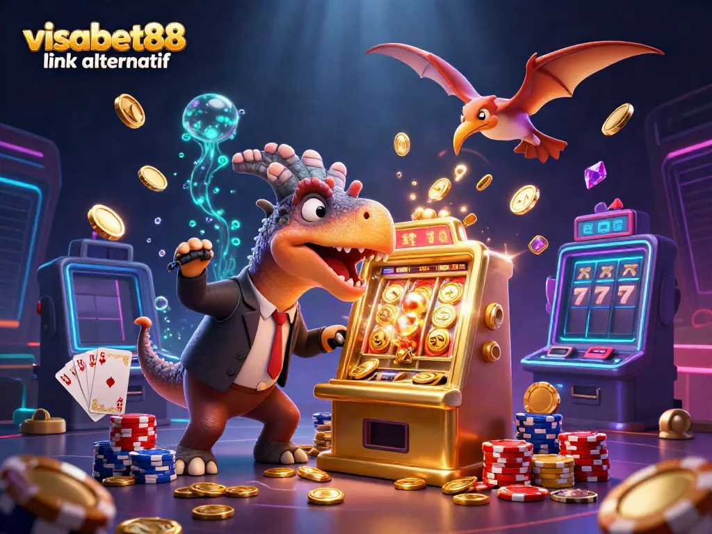 Catch the thrill of gaming with visabet88 link alternatif as dinosaurs collide with slots in a vibrant casino scene.