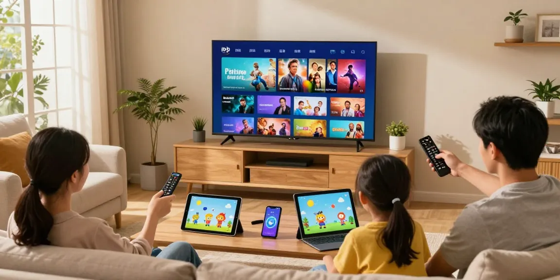 Abonnement IPTV à domicile avec famille regardant des émissions en 4K sur plusieurs appareils dans un salon chaleureux.