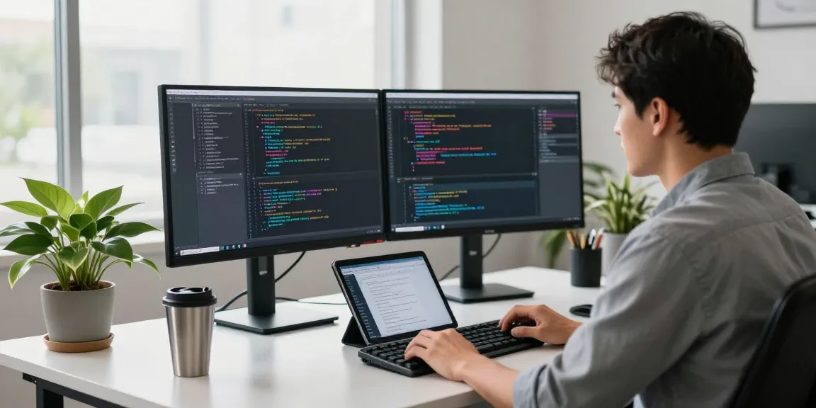 Professional workspace with a software developer using 截图软件 on dual monitors in a modern office.