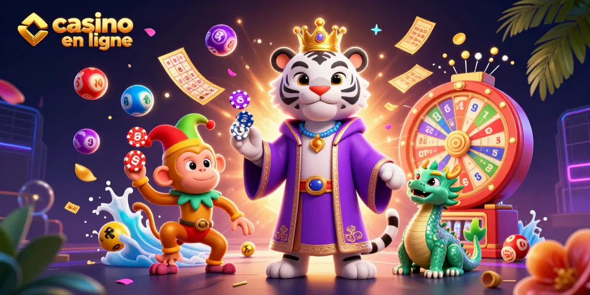 Jouez au casino en ligne avec énergie, entouré de symboles de jeux et personnages ludiques.