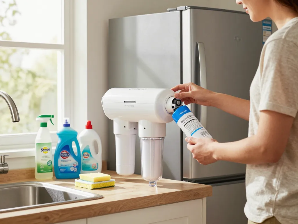 Installing Waterdrop Plus WDP-F19C Replacement for GE® RPWFE® water filter in a bright modern kitchen, showcasing effortless home maintenance.