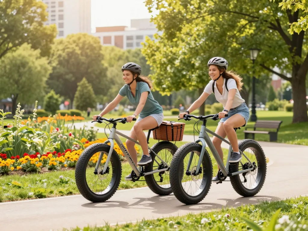 Doppio Fatbike 2x riders enjoying a scenic park, showcasing its dual seating and robust design.