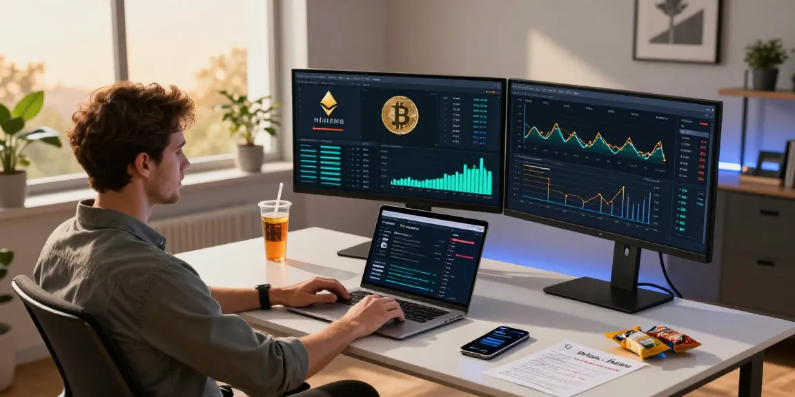 Mining crypto online in a modern office setup with digital wallets and blockchain data.