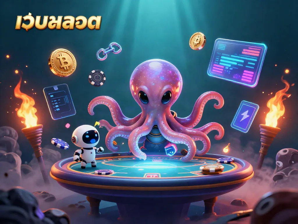 Engage with เว็บสล็อต under alien lights as an octopus operates a holographic poker table dazzlingly.