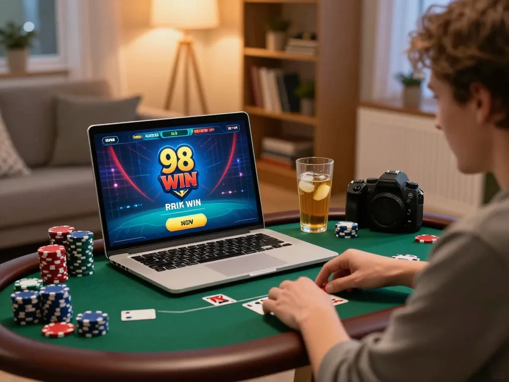 Engaging in online poker gaming at home with 98 win.