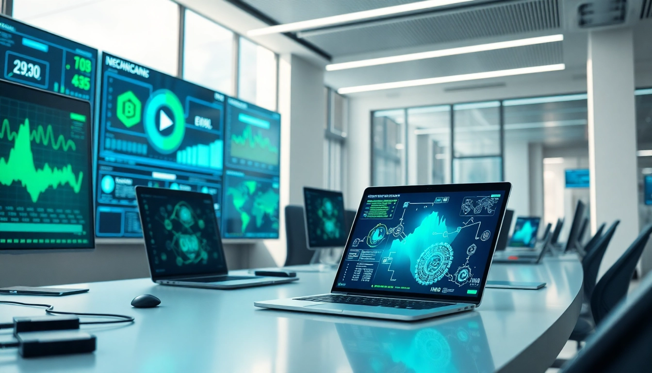 EORMC AI blockchain technology showcased in a modern workspace with digital analytics.