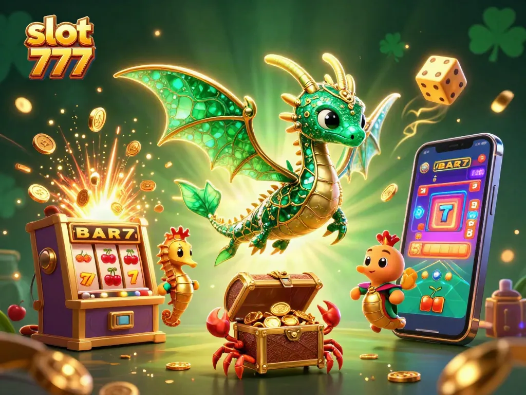 Menangkan jackpot bermain slot 777 dengan simbol keberuntungan dan kerumunan koin emas.