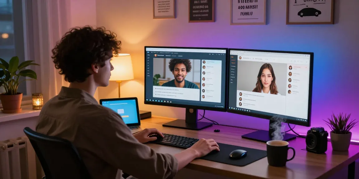 Engaging porn chat AI session in a cozy home office with vibrant tech.
