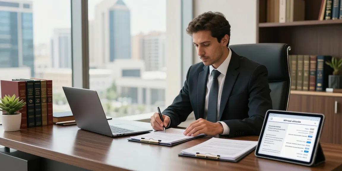 Professional محامي عقارات في الدمام reviewing real estate documents in a modern office