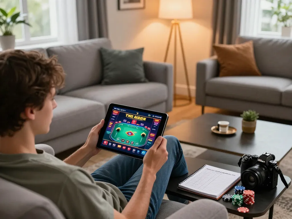 Experience online gaming excitement with dagelan4d in a cozy home setting featuring poker action on a tablet.