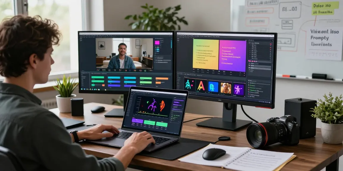 AI video prompt generation setup with user analyzing video content and creating detailed prompts in a modern office atmosphere.