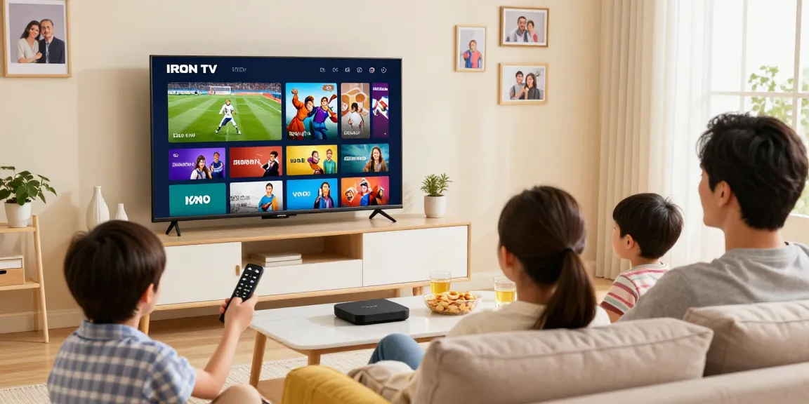 Famille profitant de l'application iron tv sur Smart TV, ambiance chaleureuse et divertissante.
