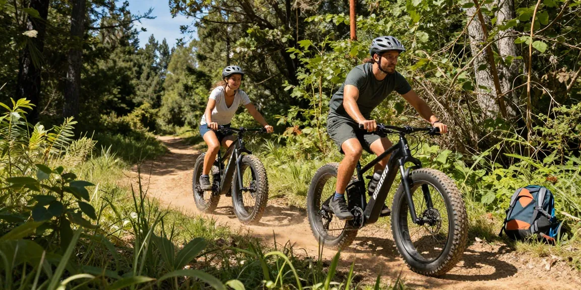 Doppio Fatbike e-bike in action on a scenic forest trail with riders enjoying an adventurous outdoor experience.