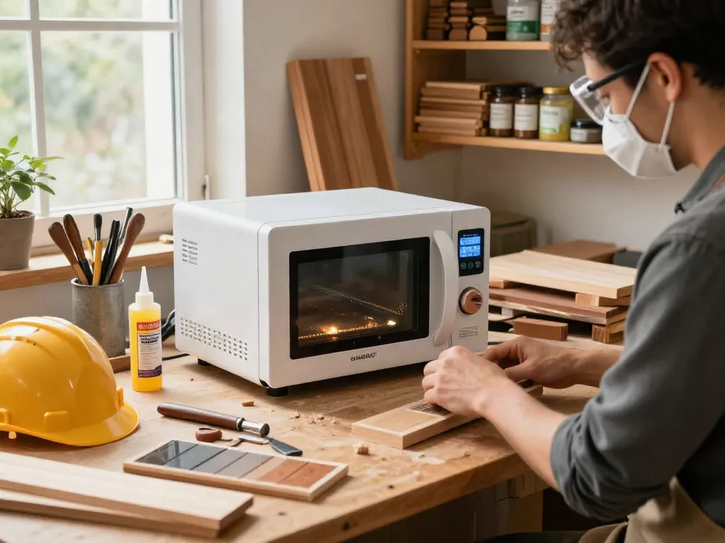 Artisan using SHASHEL® microwave device in a warm workshop for effective wood treatment.