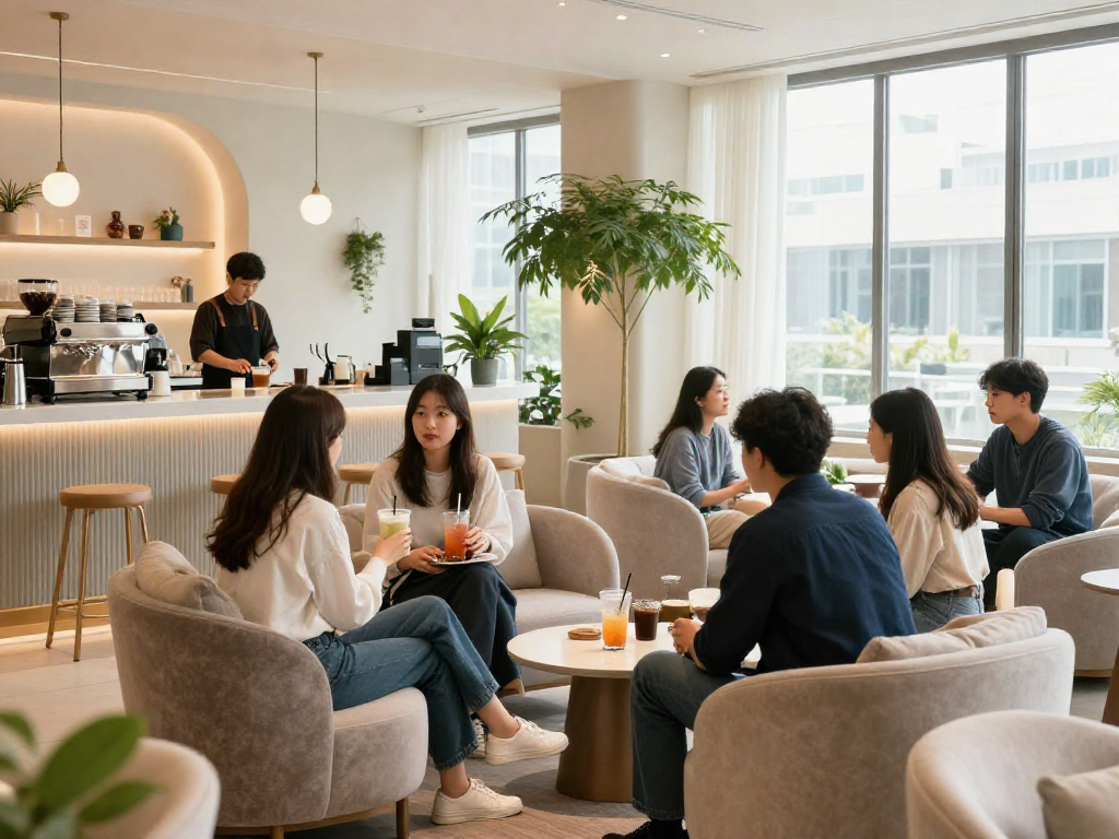 강남쩜오 라운지에서 친구들과 대화하며 즐거운 시간을 보내는 모습, 아늑하고 세련된 분위기