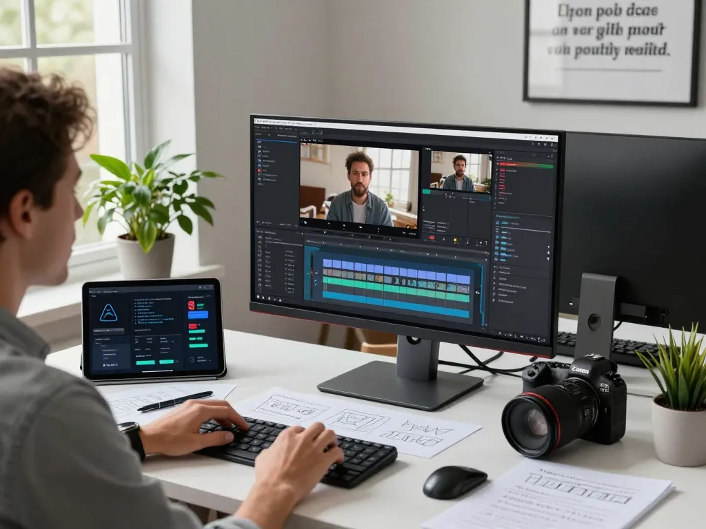 Video to prompt ai in a modern tech workspace analyzing video content with editing software.