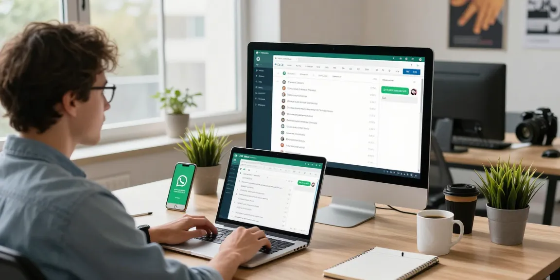 Active user engaging with WhatsApp網頁版 on a modern desktop setup in a bright office