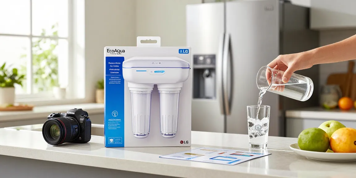 EcoAqua EFF-6005 Replacement for LG® LT500P®, ADQ72910901 water filter in a bright kitchen, emphasizing health and clean water.