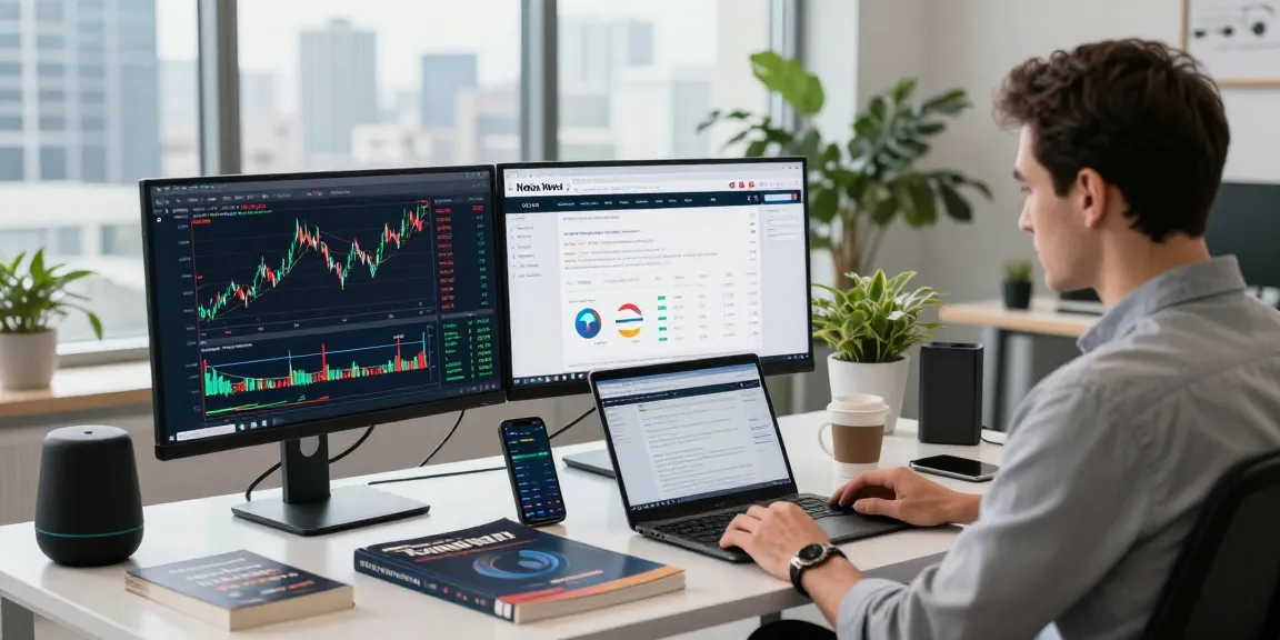 Engaged trader using MetaTrader 4 on dual monitors with fluctuating forex charts in modern office setting.