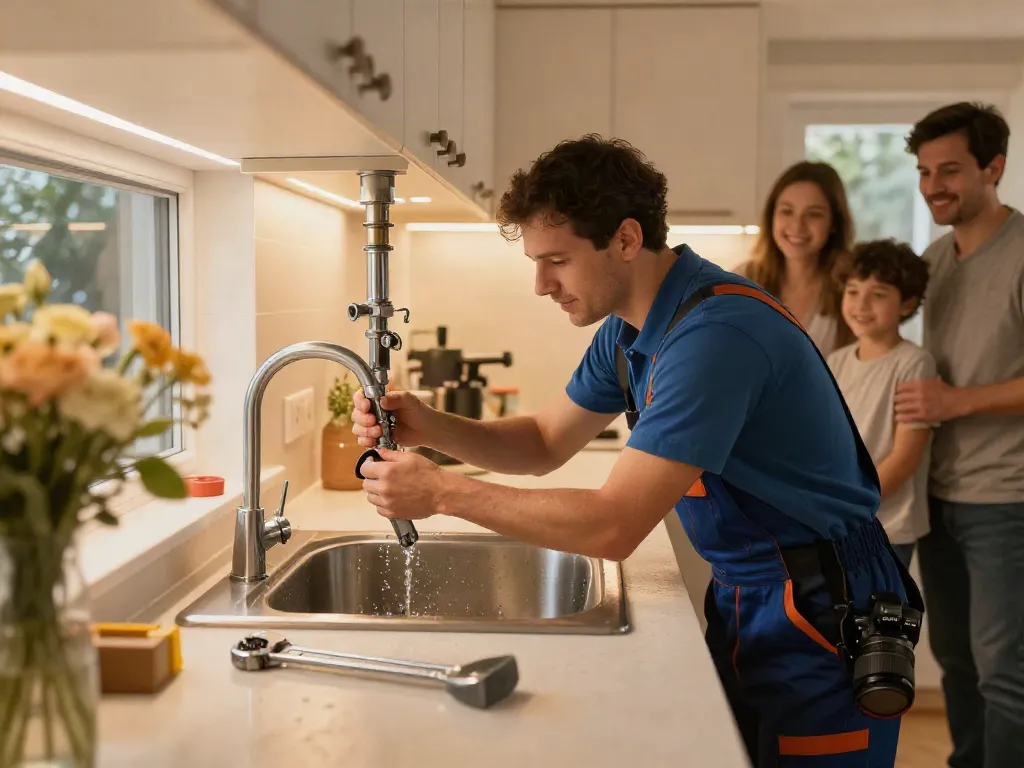 Plumber London fixing a leaky sink in a modern kitchen, showcasing reliable plumbing services.